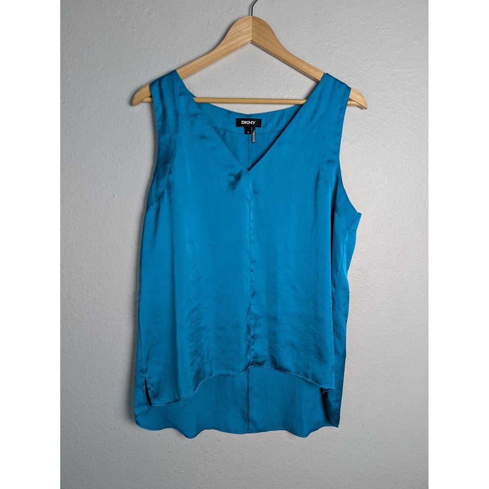 DKNY Tank Womens M Blue Satin V-Neck Sleeveless Slit Lightweight Casual‎